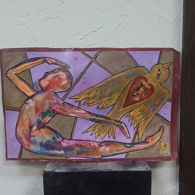A. Ellinger Toss Away Original Painting 2009 Human Figure Bird Soda Can