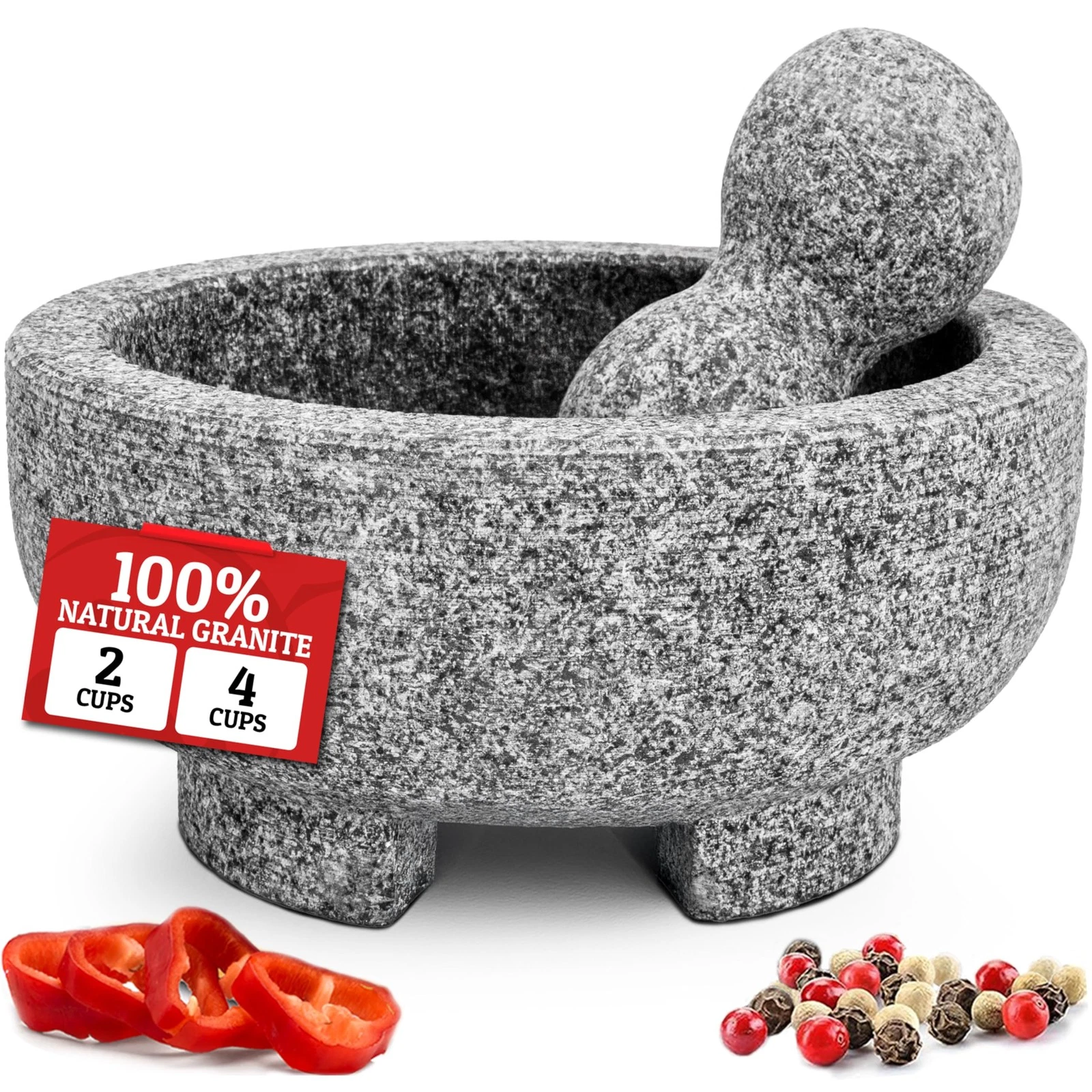 PriorityChef Granite Mortar and Pestle Set - 6.1 Inch Natural 2 Cup, Grey