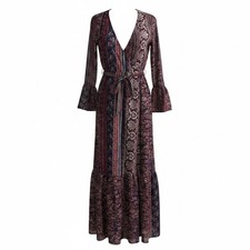 Boohoo Maxi Dress Womens 8 Blue Red Paisley Boho Wrap V-Neck Bell Sleeve