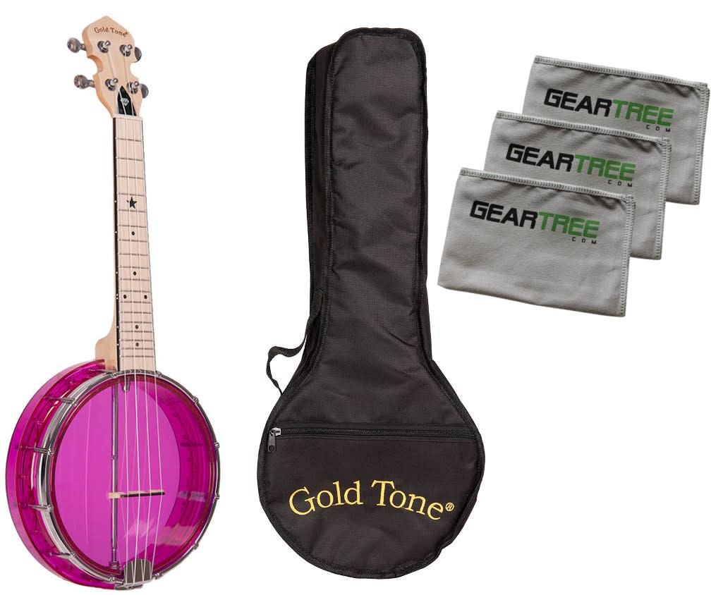Gold Tone Little Gem Amethyst Clear Banjo Ukulele Bundle w/Bag - Cloth