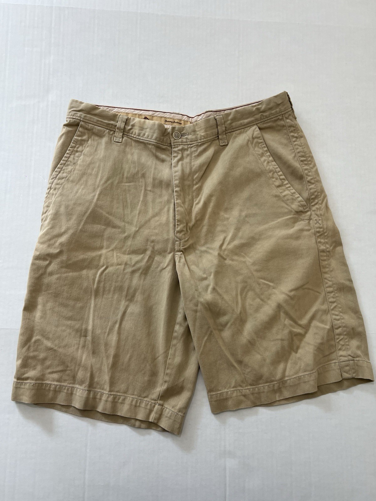 Tommy Bahama Men's Silk Cotton Blend Flat Front Shorts Khaki Tan Stripe 35