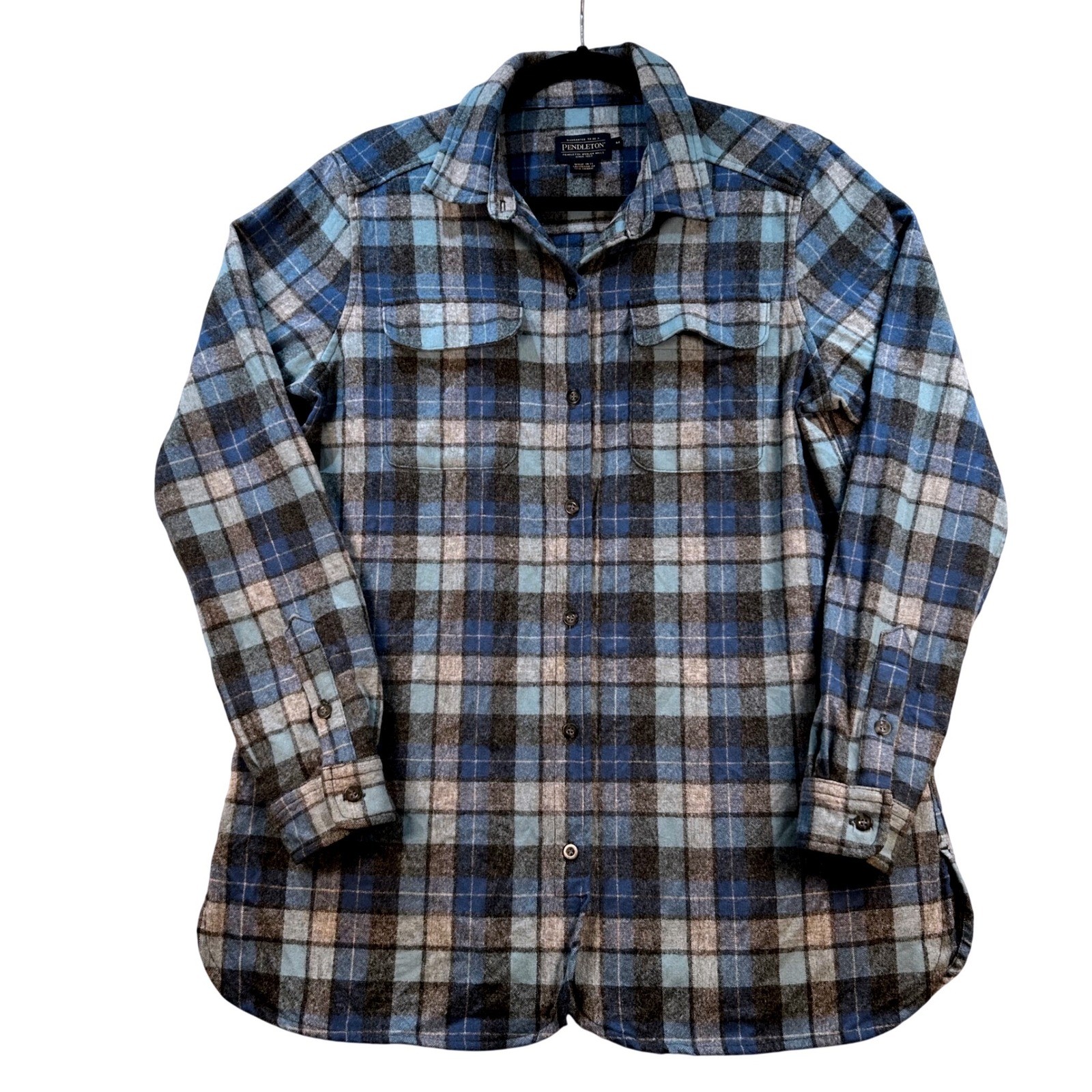 Pendleton Womens Blue Plaid Wool Blend Flannel Button Up Shirt Size M