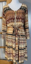 Tecera Belted Shift Dress 2X Beige Red Geometric Chevron Chunky Zipper Career