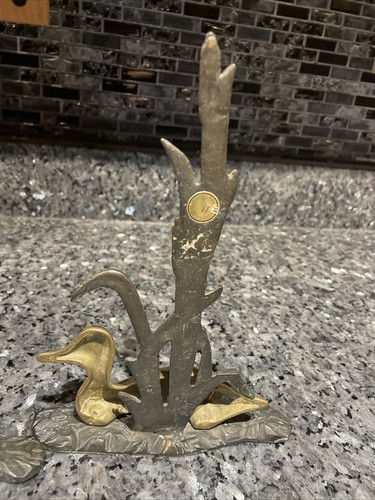 Set Of 2 Brass Metal Duck Mallard in Marsh Statue 9 In Tall Williamsburg Pottery - Picture 11 of 15