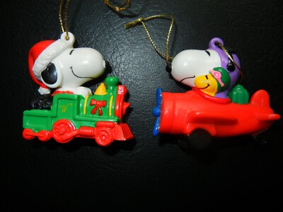 SNOOPY WOODSTOCK PEANUTS TRAIN & PLANE CHRISTMAS ORNAMENT UNITED FEATURE SYNDICA