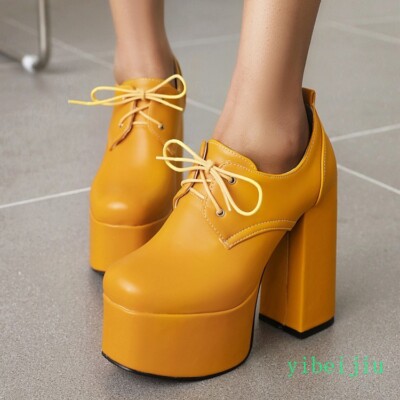 Womens Super High Thick Sole Heel Platform Lace Up Leather Shoes Pumps Plus Size