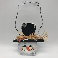 Snowman Head Christmas Ornament Black Hat Snowflakes - Hand Painted Wood