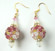 artisan Pink Red White Flower Lampwork Earrings Rhinestone  Crystal Wedding
