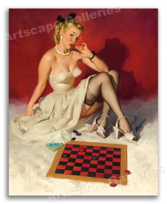 1940's Elvgren Pin-Up Poster ''Check and Double Check'' Checkers - 24x30