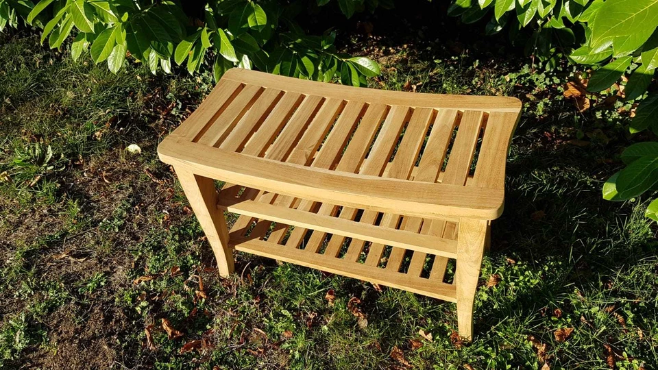 Long outdoor Teak shower seat bench with shelf, Wooden bathroom stool, spa chair - Image 3 of 4