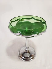 Candy Compote Dish Pedestal Green Farber Bros NYC Glass Chrome Vintage