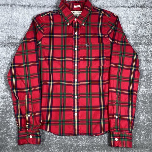 Abercrombie & Fitch Muscle Shirt Men’s Medium Red Plaid Long Sleeve Button Up - Picture 2 of 8