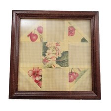 Handmade Wood Framed Amish Quilt Square Wall Floral Cherry Farmhouse Cottagecore