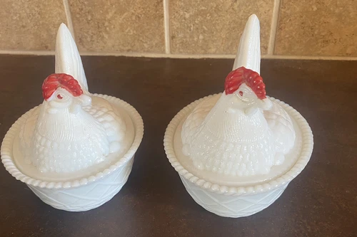 Set of Hazel Atlas milk glass chickens resting on nest