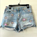 No Boundaries Blue & Pink Floral Embroidered Jean Cut Off Shorts Juniors Size 9
