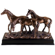 3 Stallions Horses Bronze Copper Plated Figurine Statue Sculpture 15" Long New