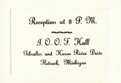 Small Announcement card - Reception at I.O.O.F. Hall, Flatrock, Michigan.