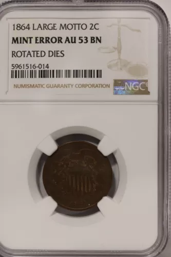 1864 2 cent, NGC AU 53 BN Rotated Dies Must See! b112.10