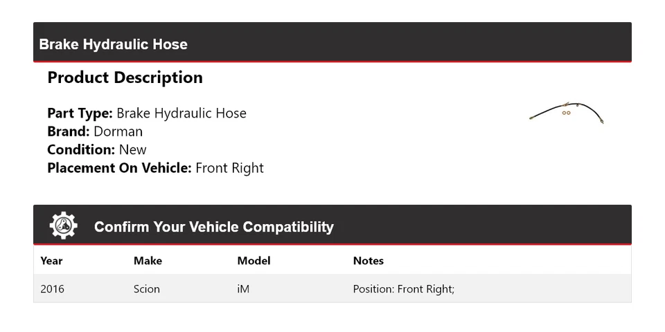 Manguera hidráulica de freno delantera derecha para Scion iM Dorman 2016 Foto 2 de 4