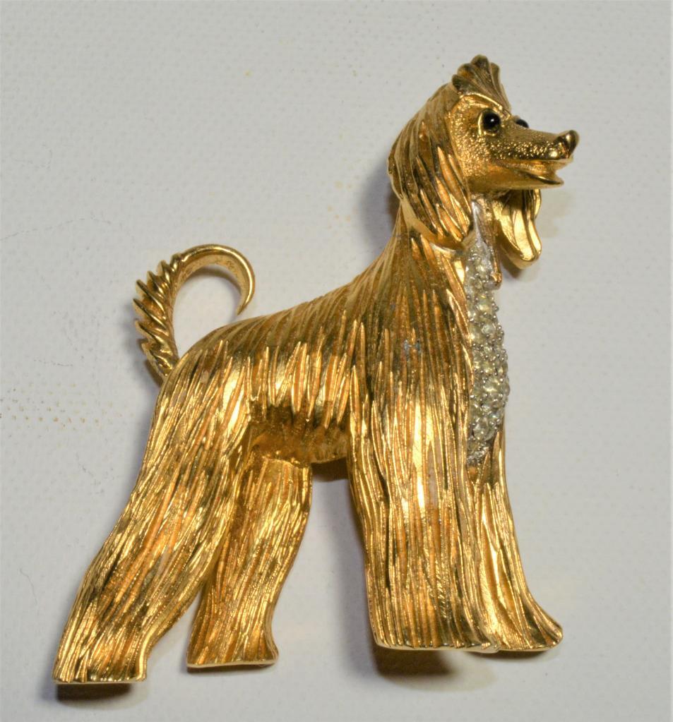 RARE 50s Signed JOMAZ Goldtone Clear Rhinestones AFGHAN HOUND DOG