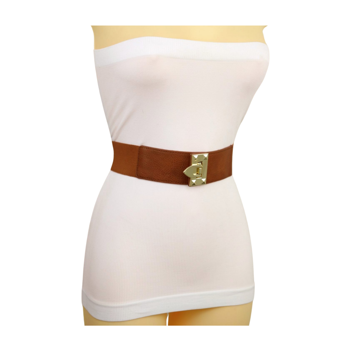 New Women Brown Elastic Band Fashion Belt Classic Gold Metal  display picture 1