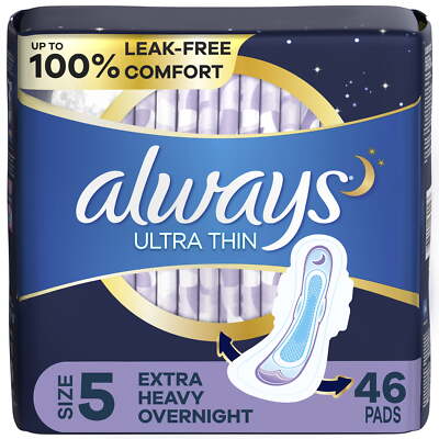 Always Ultra-Thin Overnight Pads with Wings, Size 5, Overnight, 46 Count