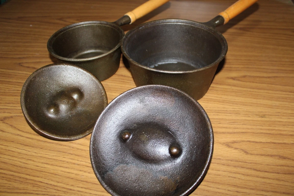 Vintage Wood Handled Cast Iron Pots W/ Lids - Taiwan - 1 Qt And 2 Qt