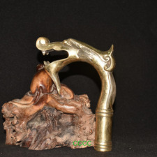 Rare Lucky Handmade Bronze Carving Dragon Head Cane Walking Stick Head Statues