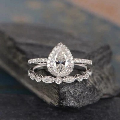 2.50Ct Pear Cut Moissanite Halo Engagement Ring 14K White Gold Plated Silver