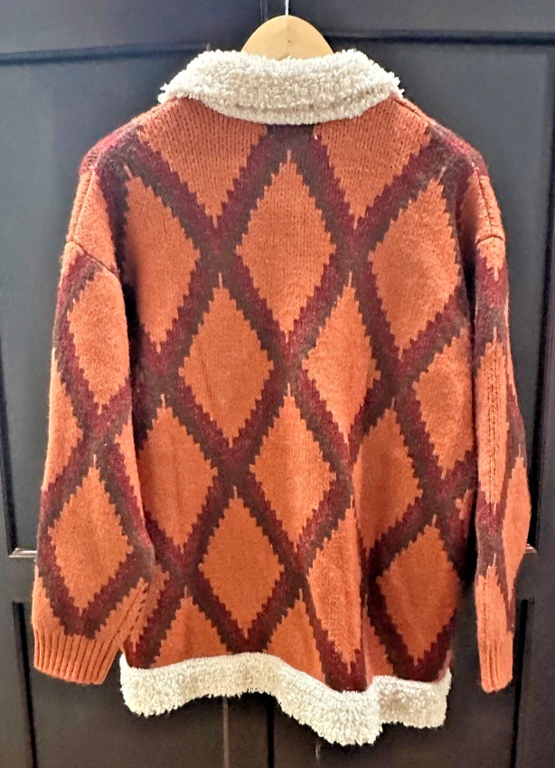Polagram  Rust Orange Beige Cozy Fuzzy Button Swe… - image 2