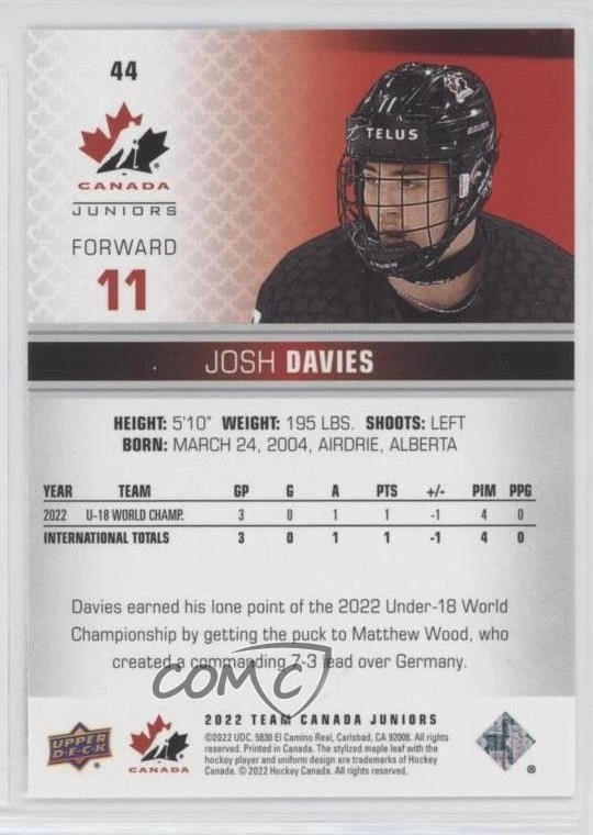 2022 Upper Deck Team Canada Juniors Men's U-18 Blue Josh Davies #44 - Image 2 of 2