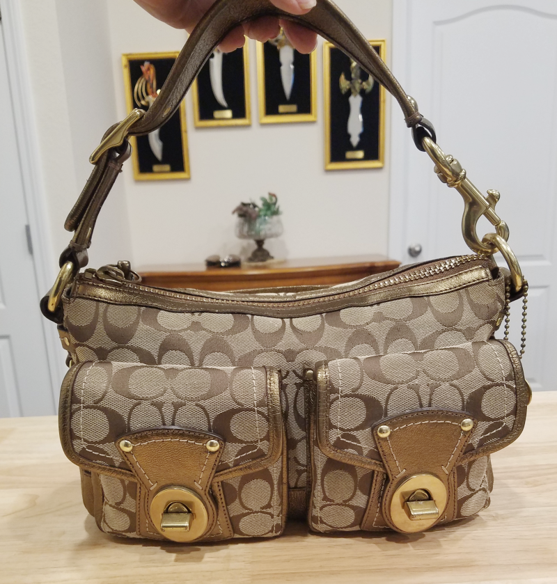 Coach Gold Tan Signature Double Turnlock Legacy Satchel Shoulder Bag 10339