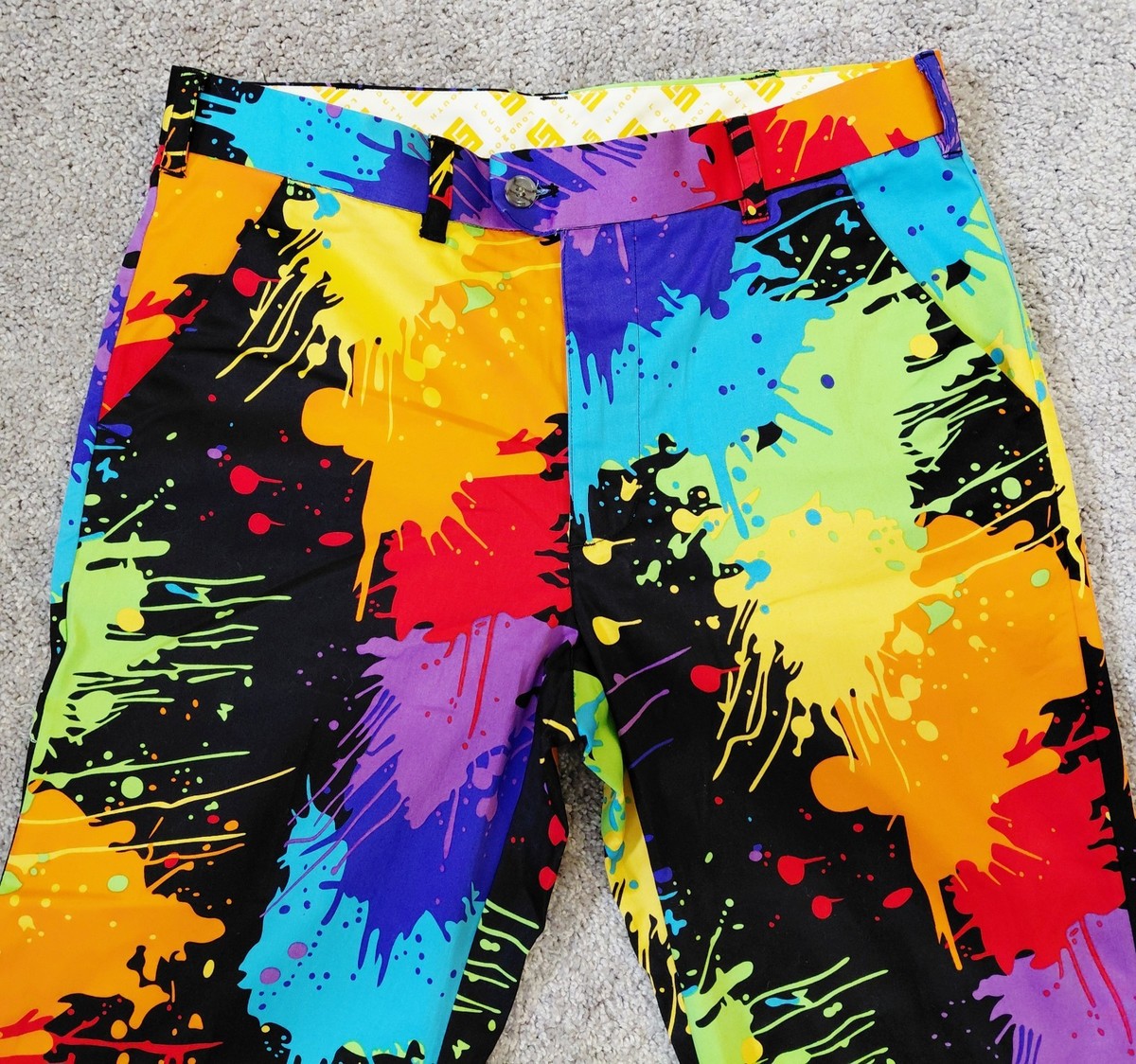 Loudmouth Pants Mens 34 x 34L Neon Black Paint Splatter Golf Loud