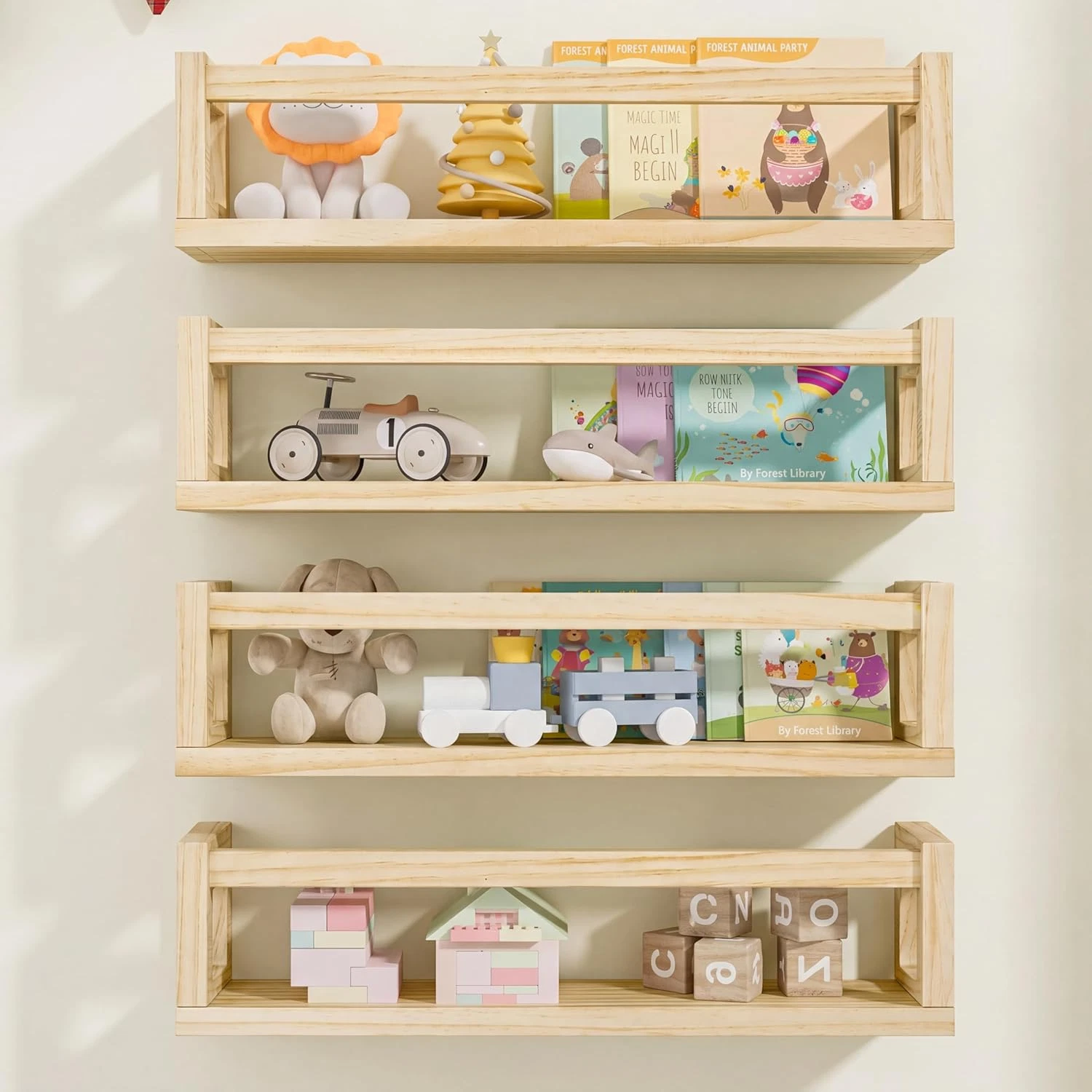 Set of 4 Natural Solid Wood Nursery Floating Shelves - Decorative Wall-Mounted K