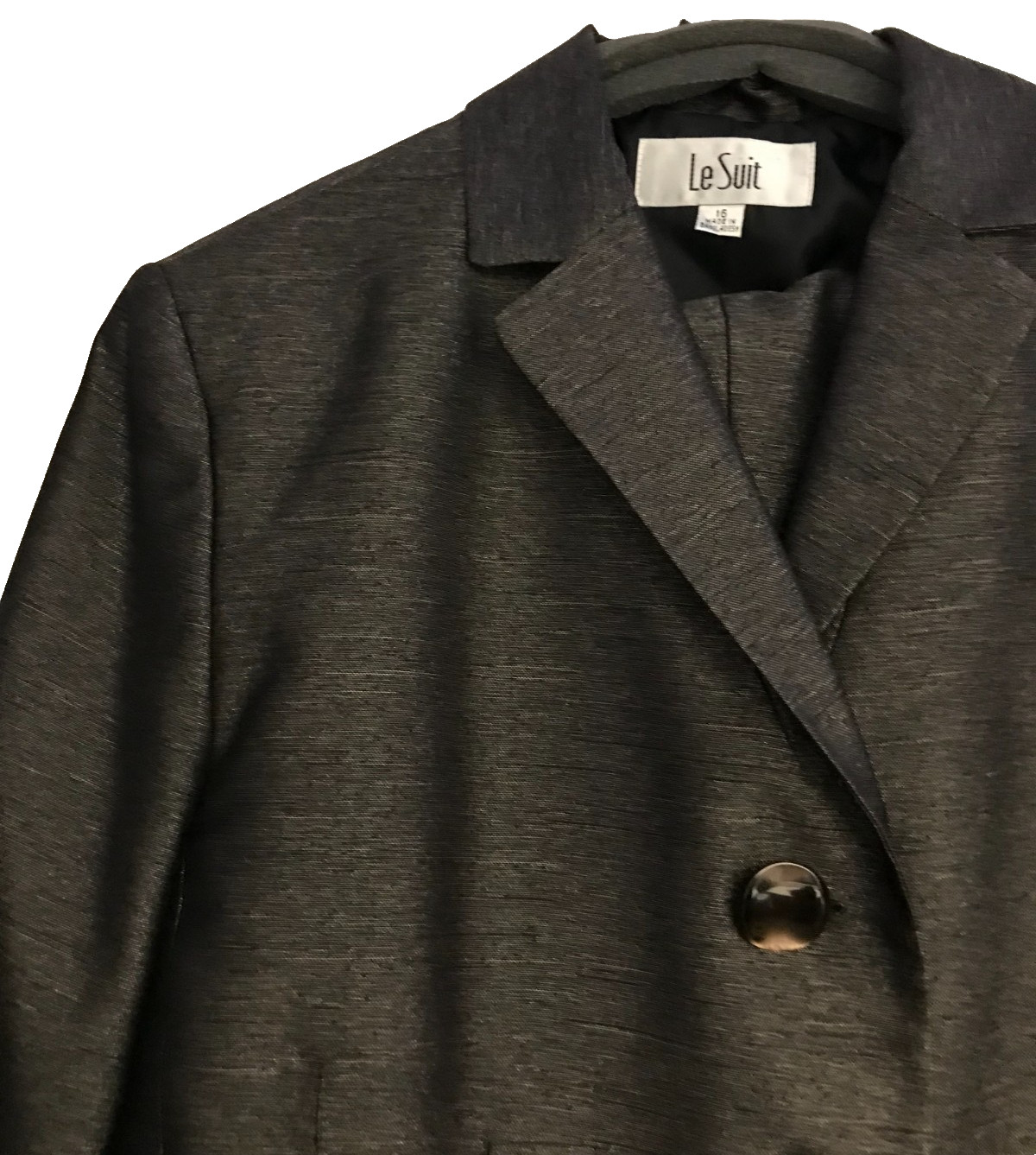 Le Suit Polyester Pant Suit Sz 16 Lined Silver Gray 2 Piece Shiny 38W x 28I