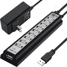 Powered USB Hub 2.0, VIENON 10-Port Extender Splitterwith Black 