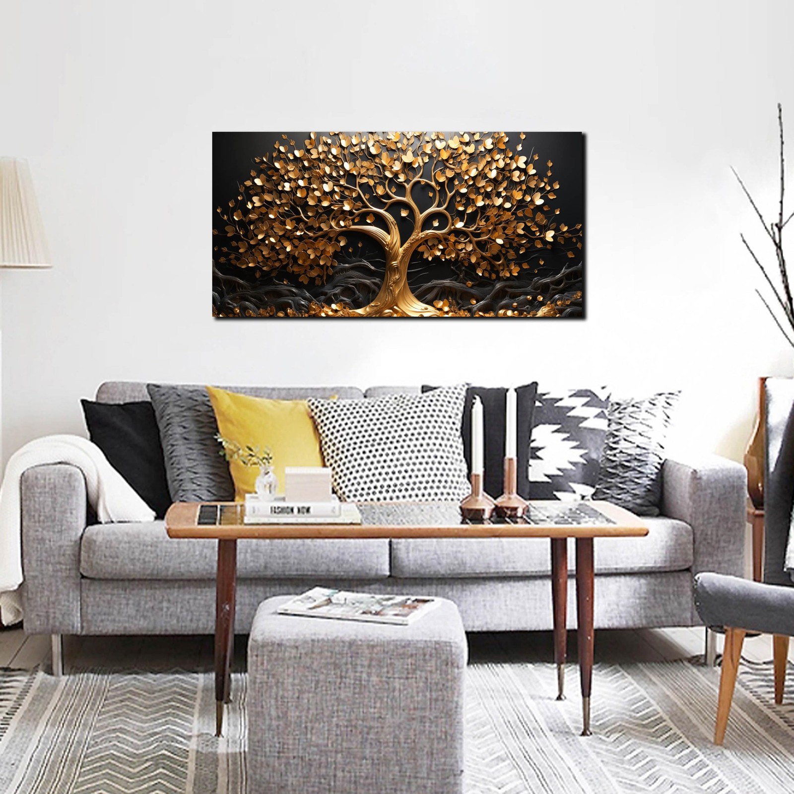 Tree Canvas Wall Art for Living Room - Gold and Black Pictures Wall Art for B...