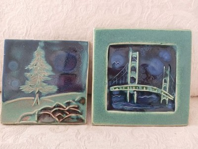 Pr Vtg Handmade Artisan Signed Tiles Trivets Green Blue Glaze Pine Tree & Bridge