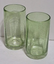 Hand Blown Light Green Glass Tumblers Controlled Bubbles 6” Tall X 3¼” Set Of 2
