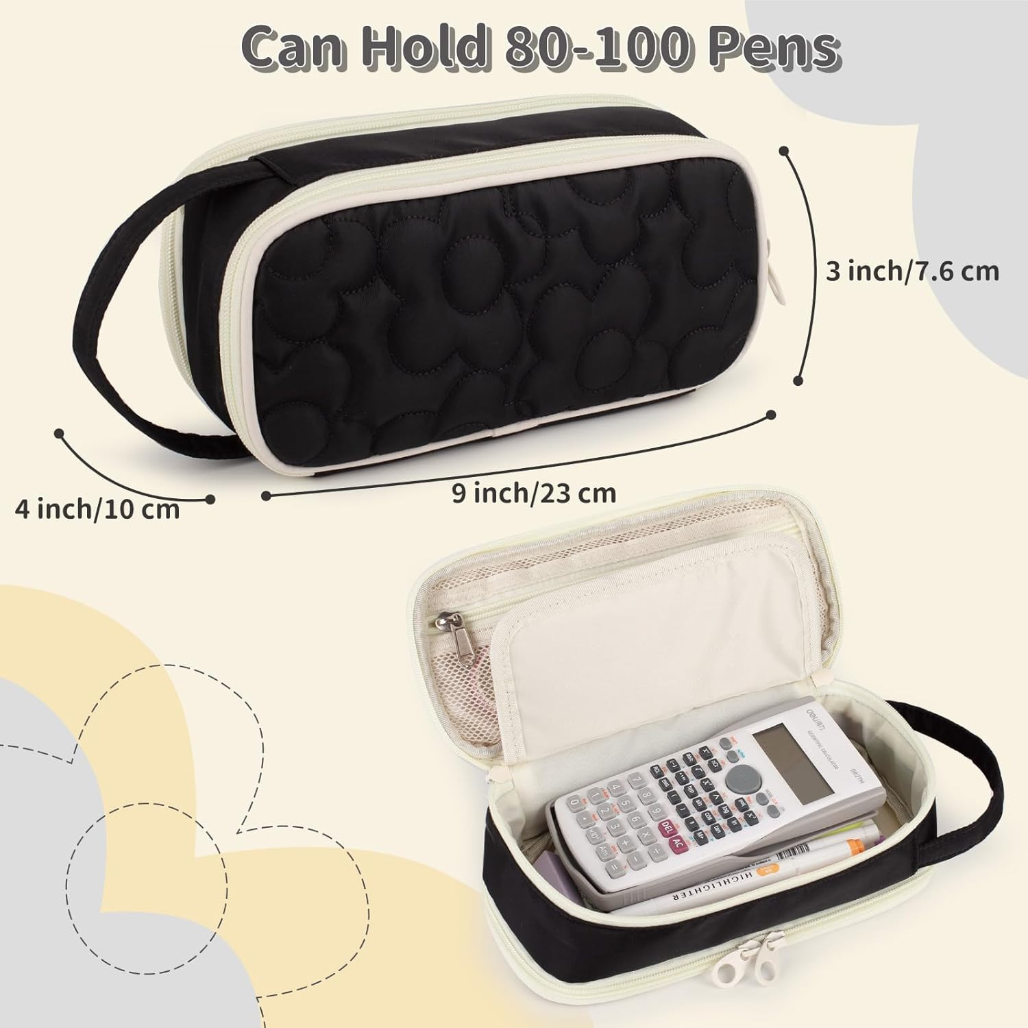 Pencil Case For Girls,Flower Quilted Large Capacity Pencil Pouch With 2 Compartm