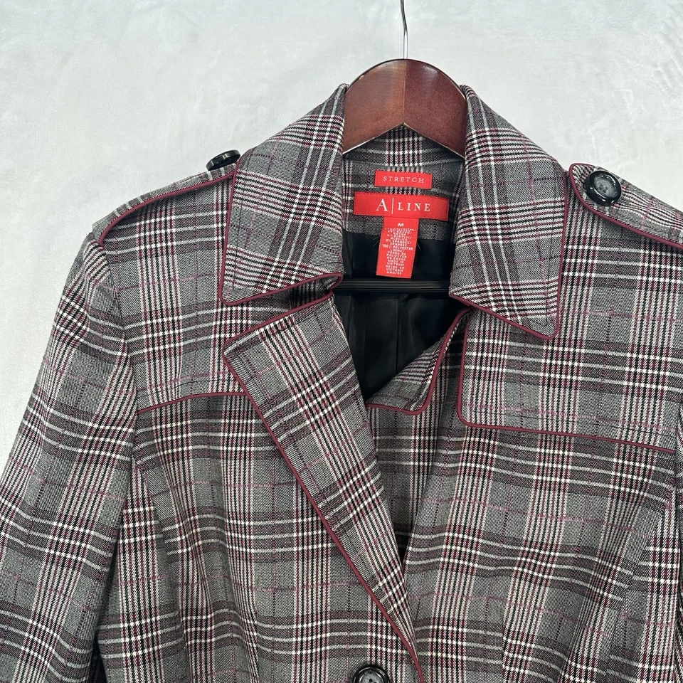 Винтажный линия куртка женщин M серый розовый клетку длинный траншея Academia опрятный Y2K - Изображение 2 из 4
