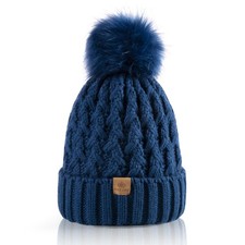 Womens Winter Ribbed Beanie Crossed Cap Chunky Cable Knit Pompom Soft Warm Hat