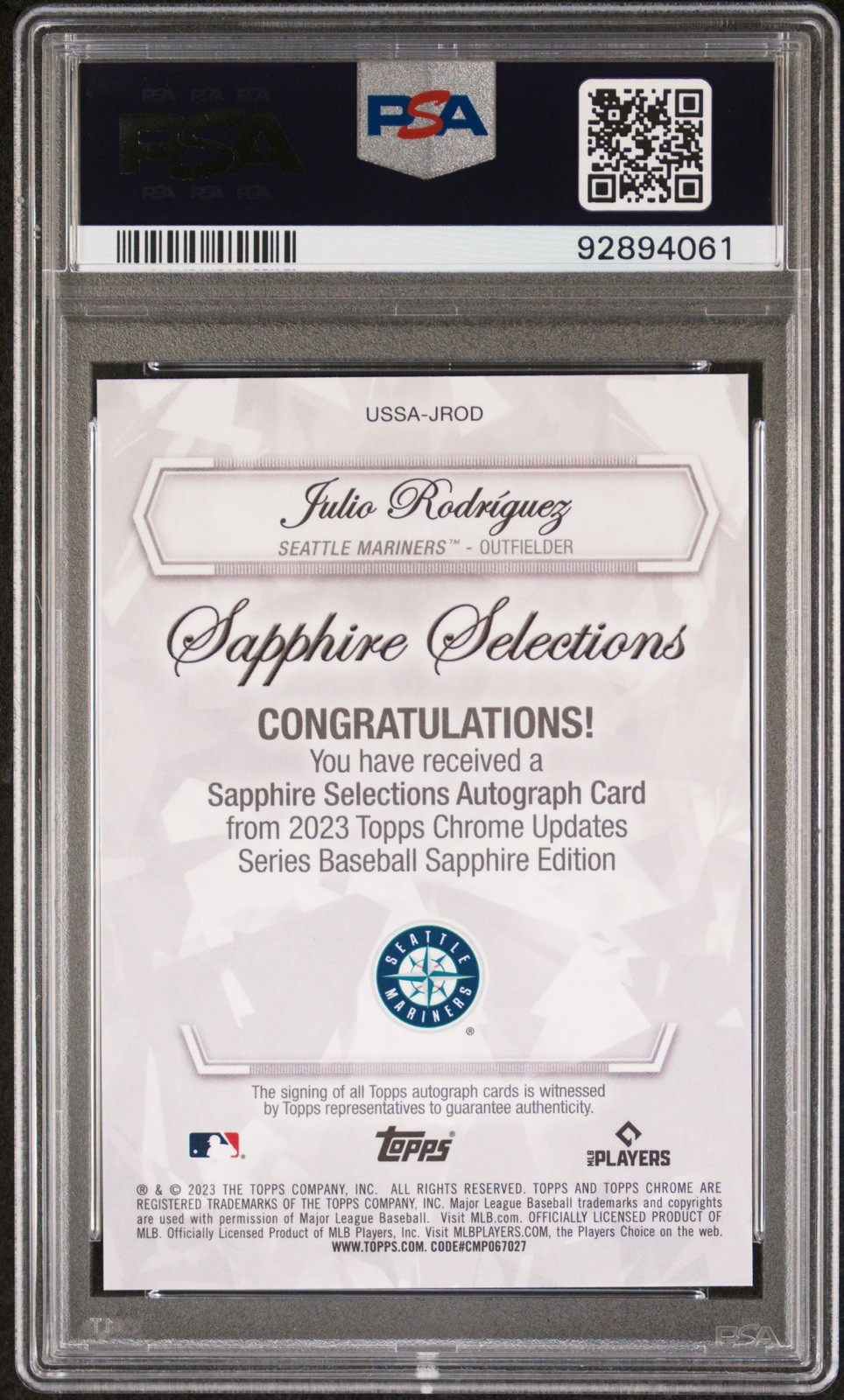 Julio Rodriguez 2023 Topps Chrome Sapphire Orange Selections Auto /25 PSA 10 view 2