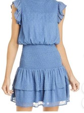AQUA Bloomingdale's Dress XS Blue Metallic Dot Smocked Waist Ruffle Mini NWT