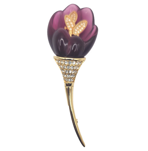Nolan Miller Signed Purple Flower Brooch Pin Gold Tone Pavé Rhinestones 3 in
