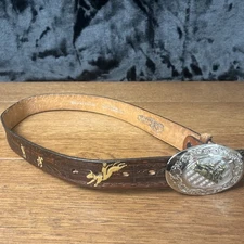 NOCONA BELT CO BROWN BELT GENUINE LEATHER SIZE 26 BULL RIDING BUCKLE N4422002