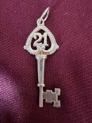 NUVO 21. GEBURTSTAG SCHLÜSSEL MASSIV STERLINGSILBER Charm/Anhänger Vintage 70er Jahre (R2)