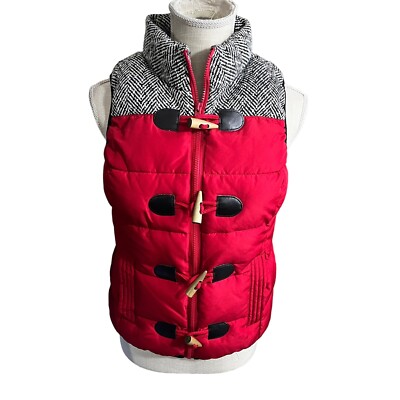 Ruff Hewn Red & Tweed Accent Gilet Vest Sz PM Sleeveless Quilted Zip Puffer EUC