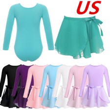 Girls Classic Long Sleeve Gymnastics Dance Leotards with Chiffon Tied Skirt