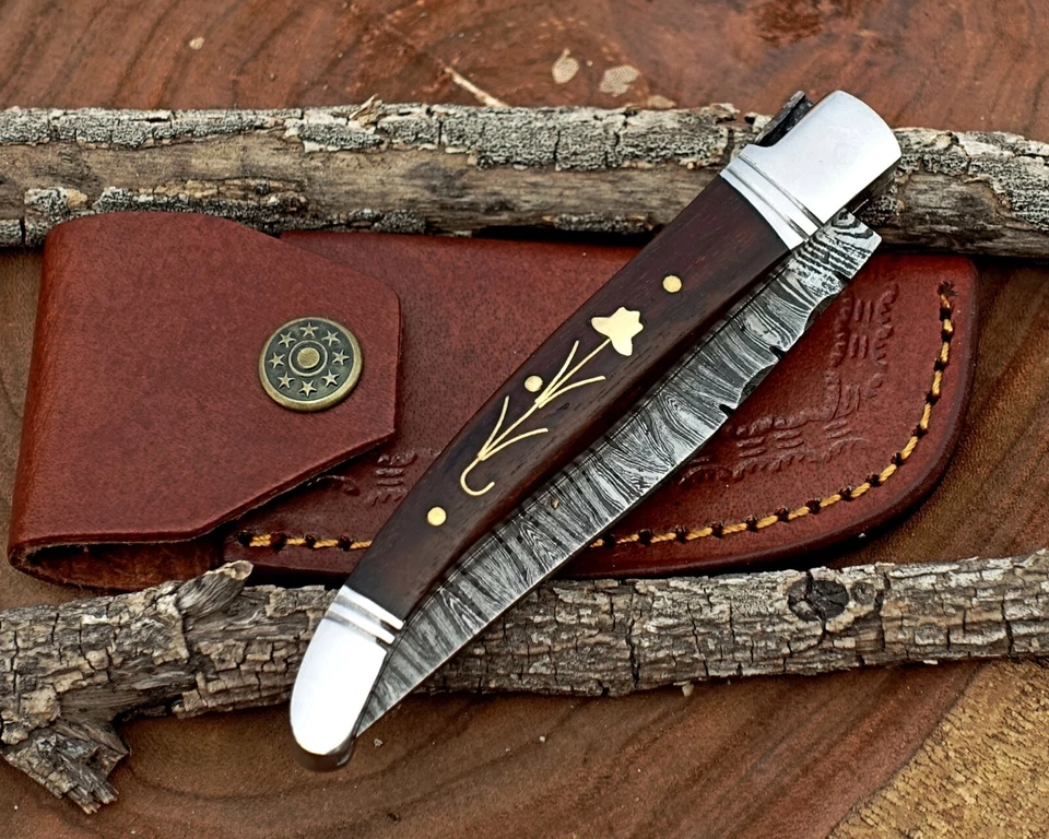 Damasco Cuchillo Plegable Hecho a Mano Cuchillo de Bolsillo Camping Cuchillo de Caza con Bolsa Foto 4 de 4